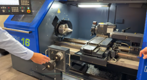 Operator programming the TRL 16 CNC and manual lathe for production work
