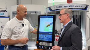 Advanced 5 axis CNC grinding machine with Helitronic Tool Studio software, handling various tool sizes up to 4 inches in diameter for precision manufacturing.